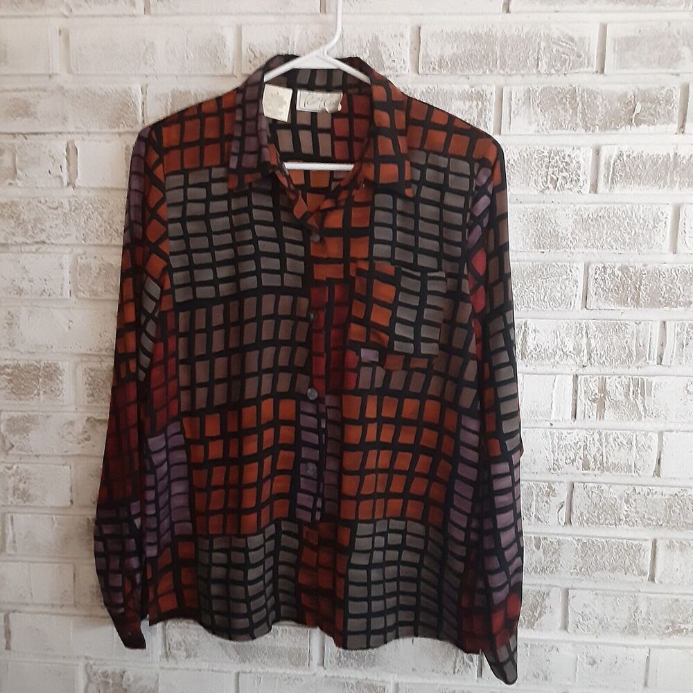 Vintage Kathy Che Blouse Geometric Brick Block sz 8 Timeless